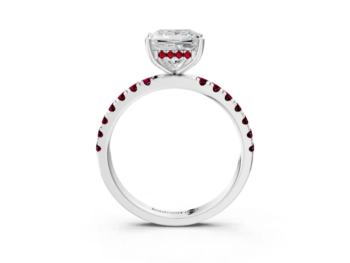 Princess Cut Diamond Pave Band Solitaire Ring with Round Garnet and Prong Setting Silver