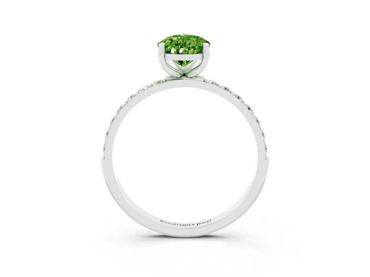 Pear Cut Peridot Solitaire Ring with Round Pavé Band and Prong Setting Platinum