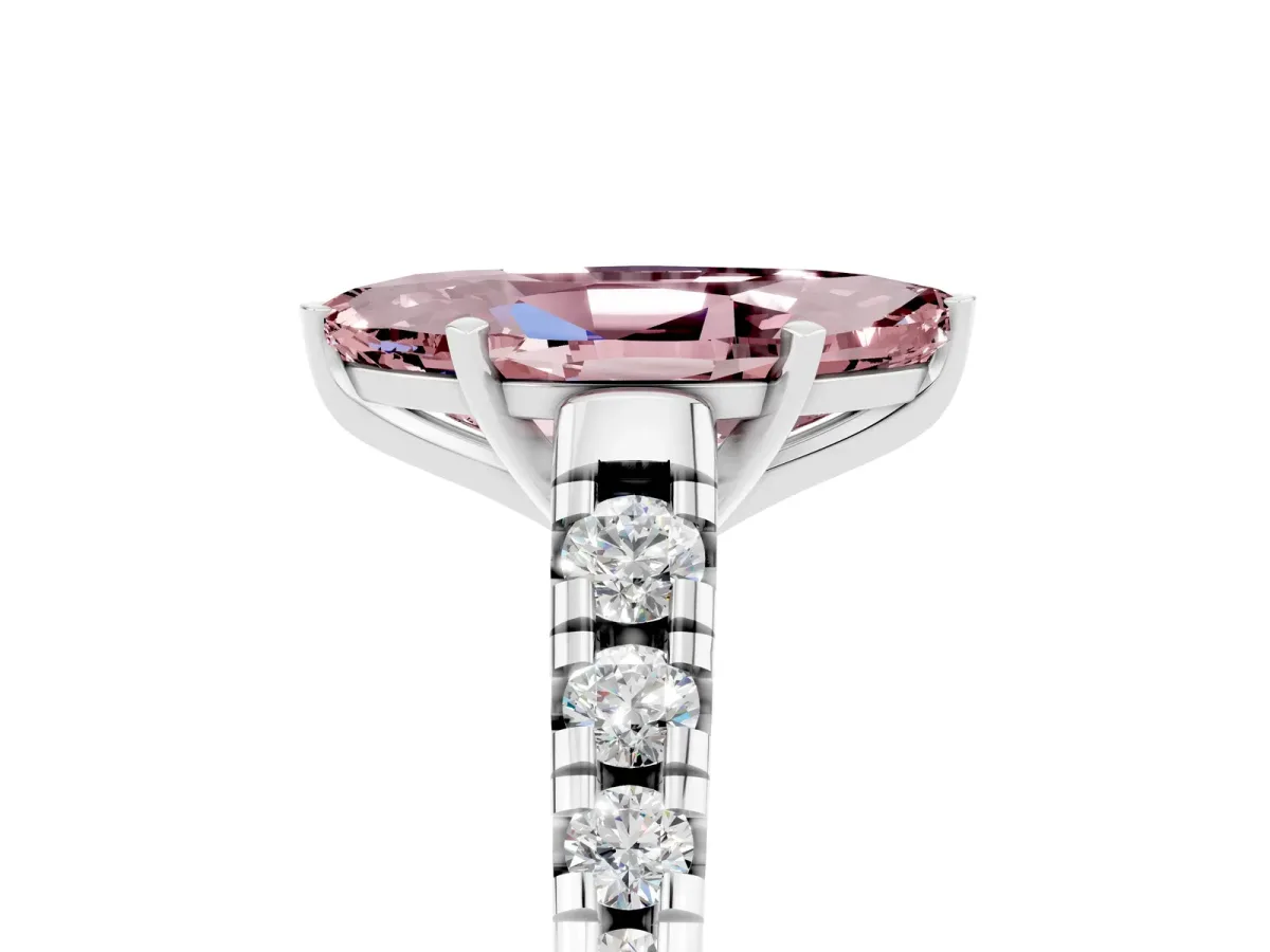 Marquise Cut Morganite Cathedral Solitaire Ring with Round Pavé Band Silver
