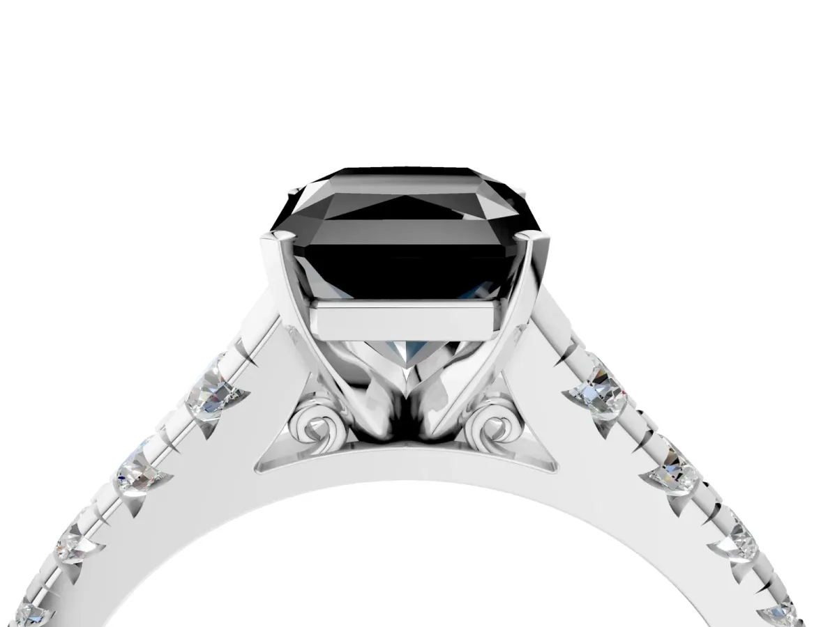 Fancy Black Radiant Cut Diamond Cathedral Solitaire Ring with Round Pavé Band Silver