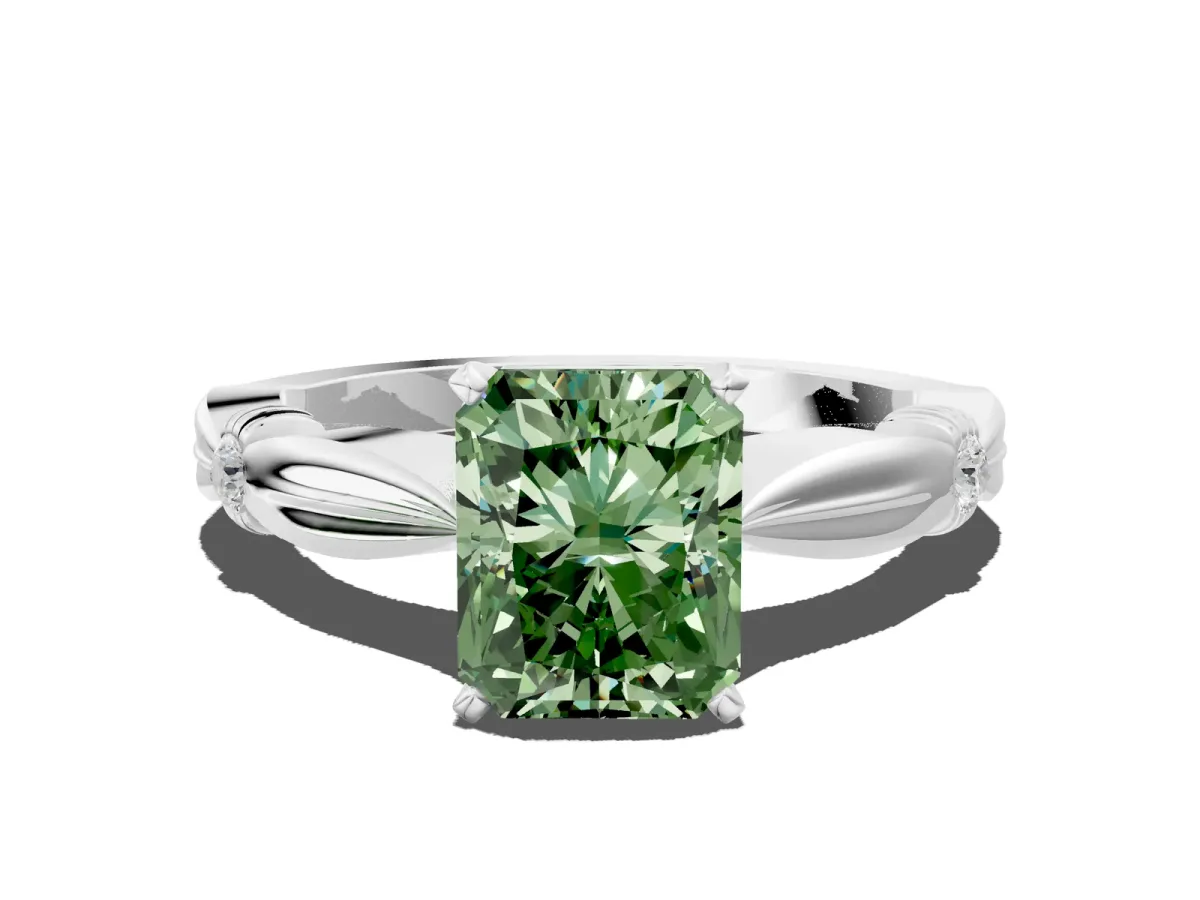 Fancy Green Radiant Cut Solitaire Diamond Twisted Band with Four-Prong Setting Platinum