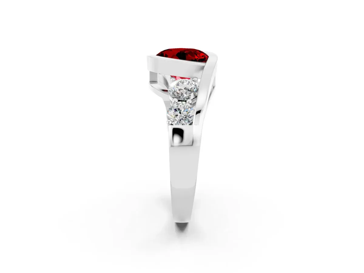 Bezel Set Round Cut Ruby Bypass Ring with Round Accents Platinum