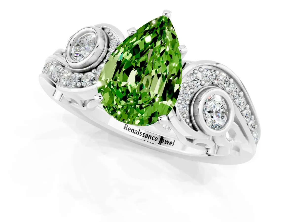 Pear Cut Peridot Solitaire Ring with Milgrain Pavé Band and Four-Prong Setting Silver