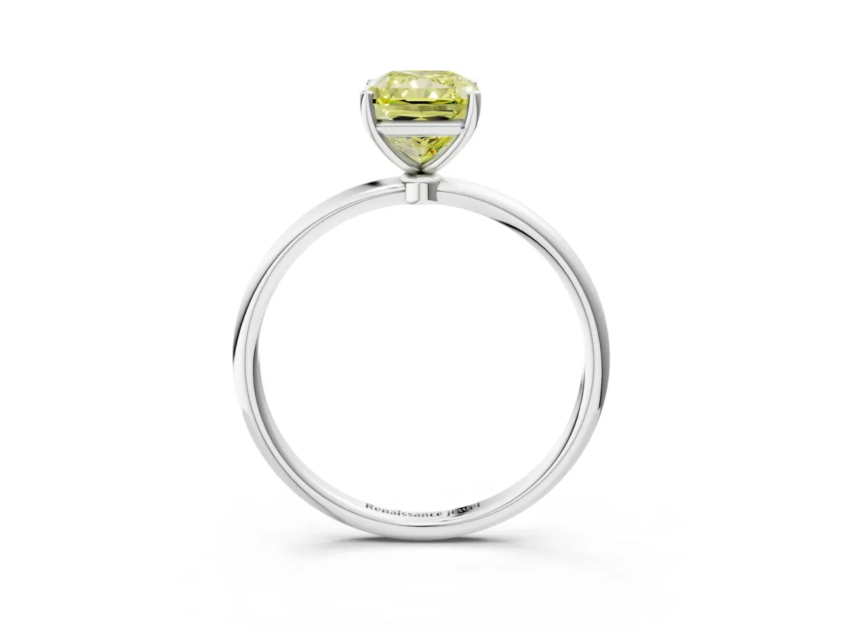Fancy Yellow Radiant Cut Cut Solitaire Engagement Ring with Thin Band and Four-Prong Setting Platinum