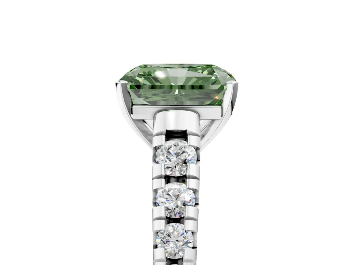 Fancy Green Radiant Cut Diamond Cathedral Solitaire Ring with Round Pavé Band Silver