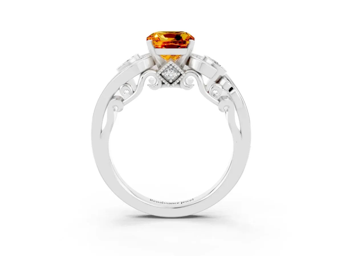 Cushion Cut Citrine Solitaire Ring with Milgrain Pavé Band and Four-Prong Setting Silver