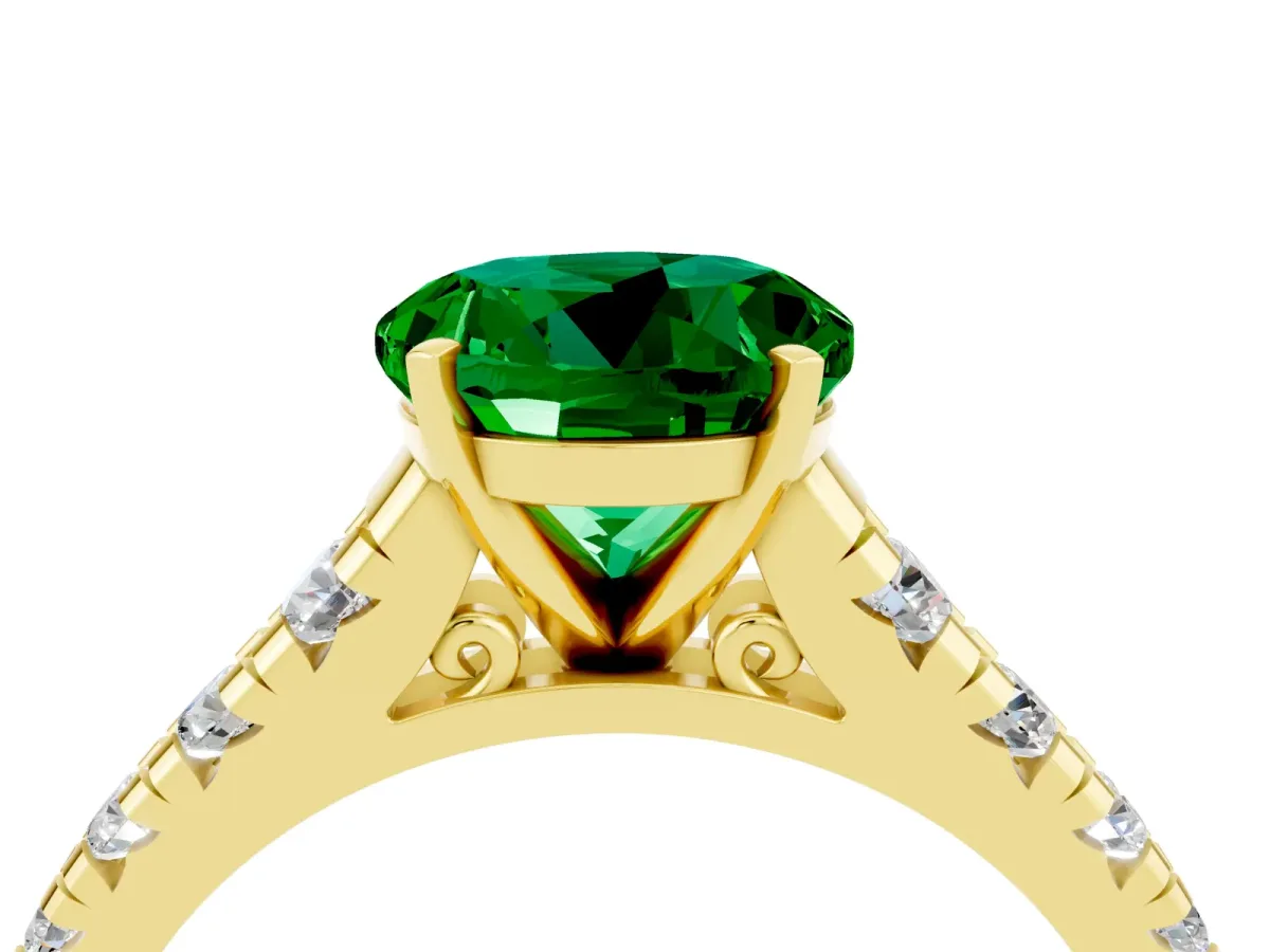 Round Cut Emerald Cathedral Solitaire Ring with Round Pavé Band Yellow gold