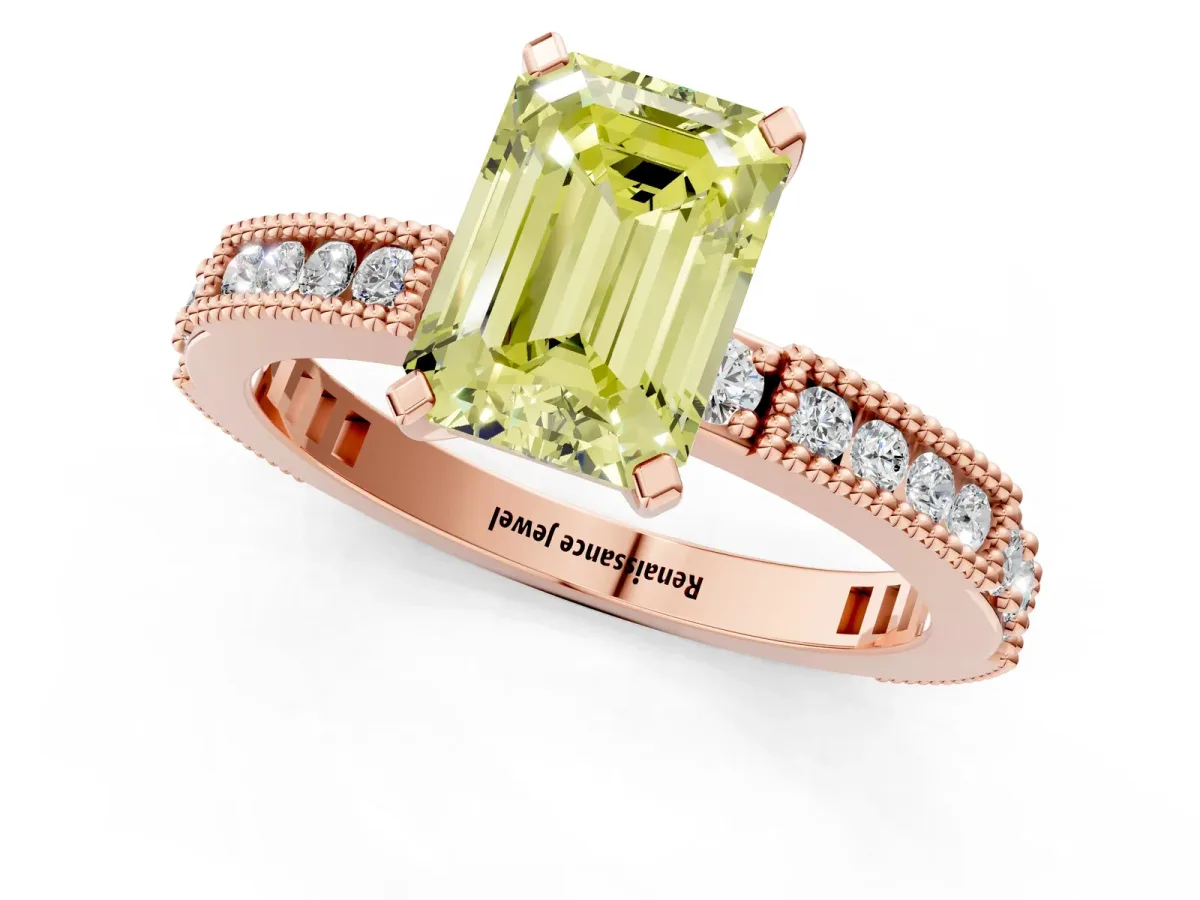 Fancy Yellow Emerald Cut Solitaire with Pavé Band and Four-Prong Setting Rose gold