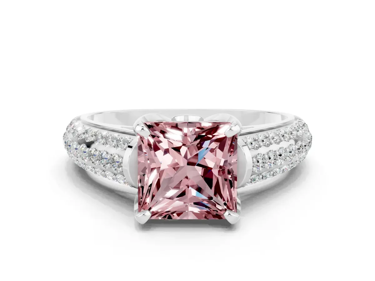 Princess Cut Morganite Solitaire Ring with Three-Row Pavé Band and Four-Prong Setting Platinum