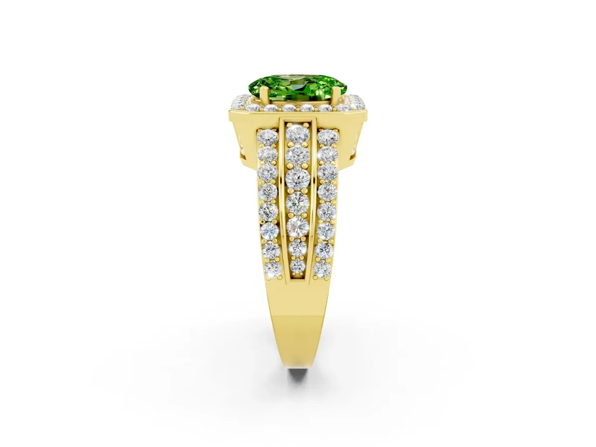 Oval Cut Halo Peridot Ring with Round Split Shank and Prong Setting Yellow gold