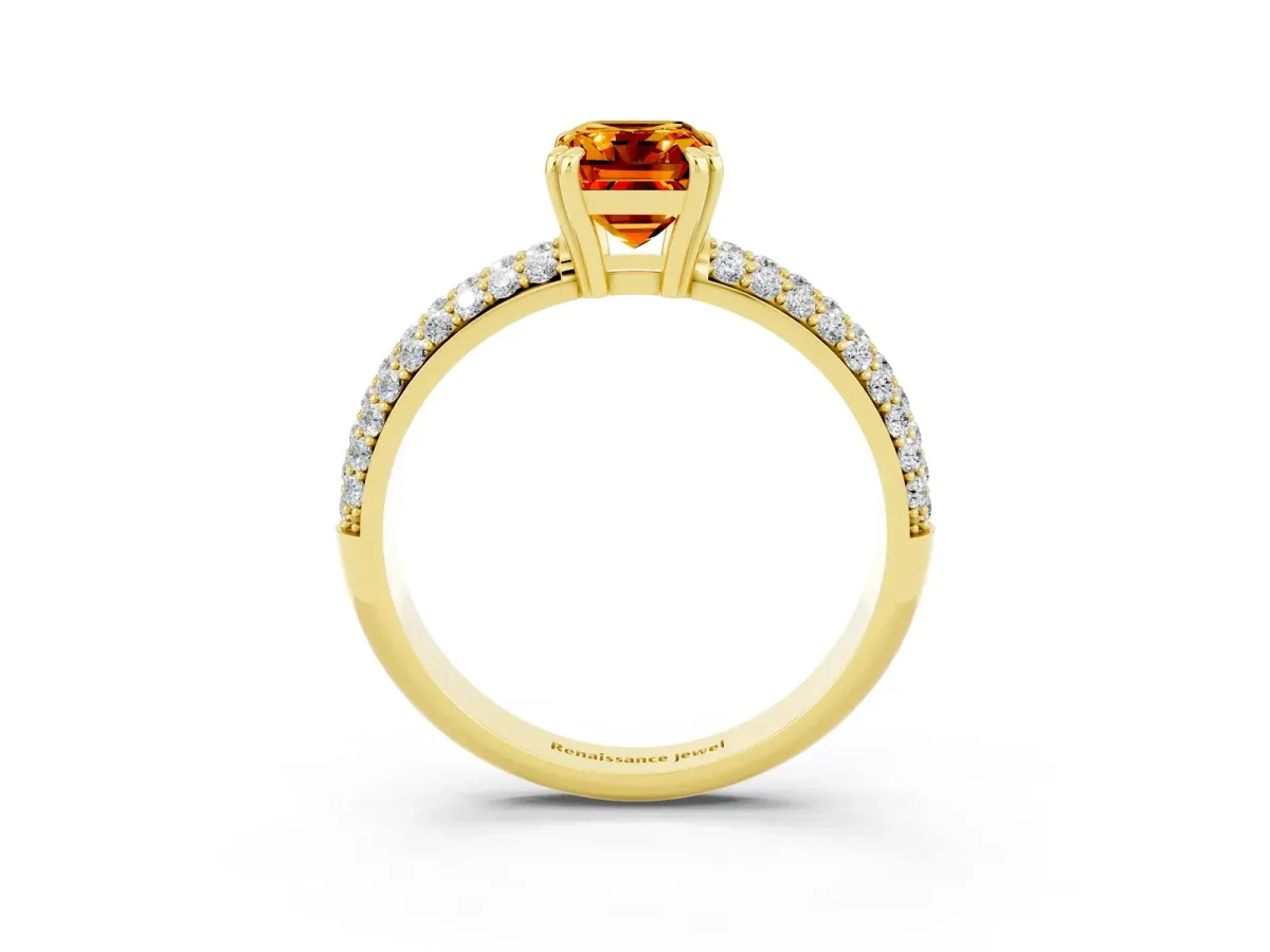 Emerald Cut Citrine Vintage Milgrain Ring with Round Stations Yellow gold