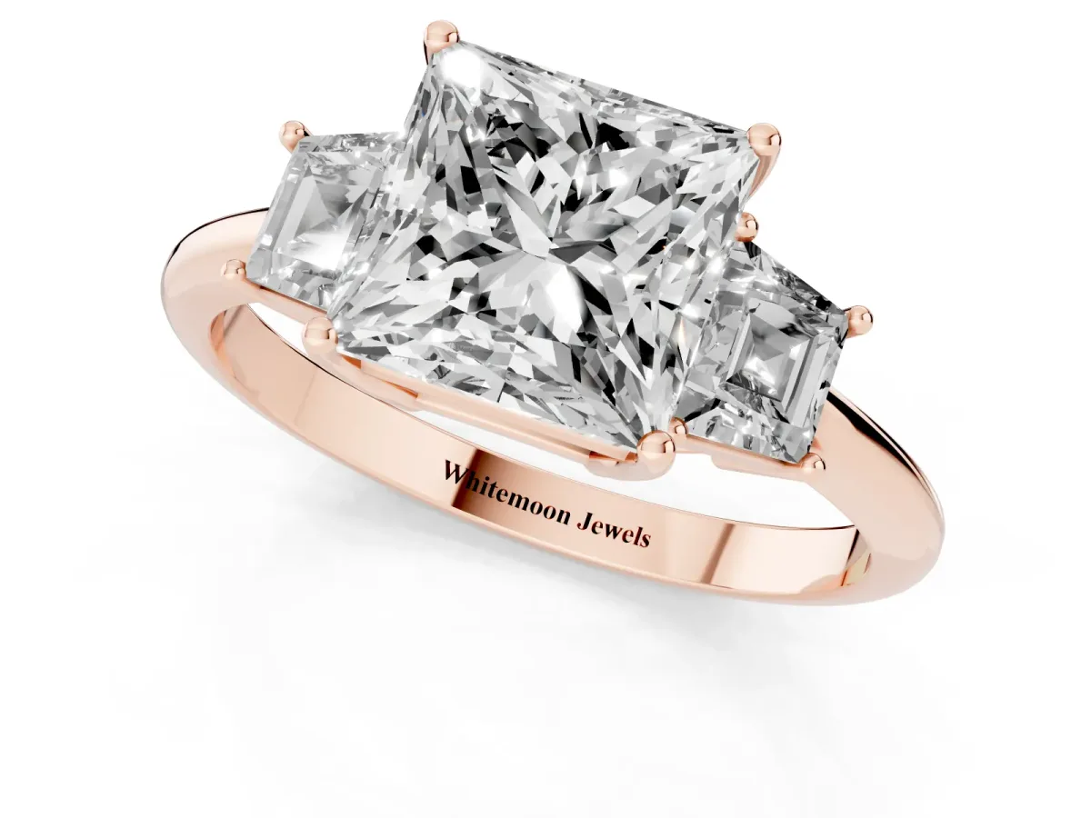 Princess Cut Diamond Three-Stone Ring with Trapezoid Side Stones and Prong Setting Rose gold