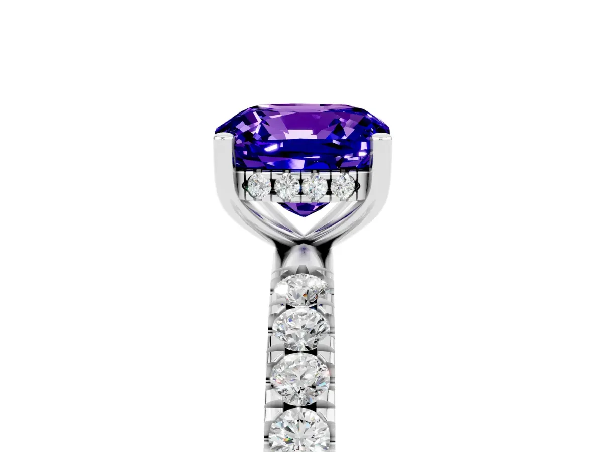 Cushion Cut Tanzanite Pave Band Solitaire Ring with Round and Prong Setting Silver