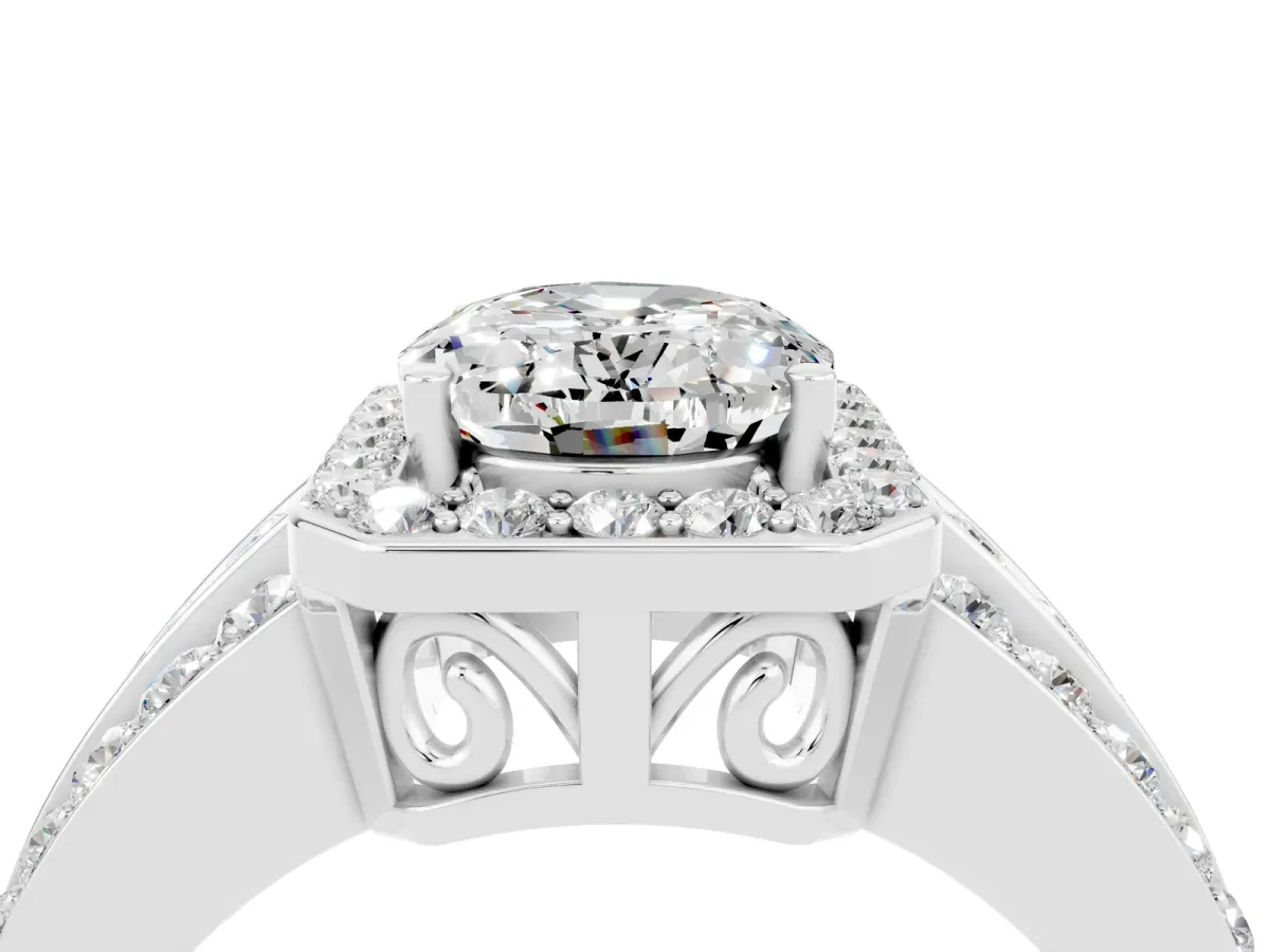 Oval Cut Halo Moissanite Ring with Round Split Shank and Prong Setting White gold