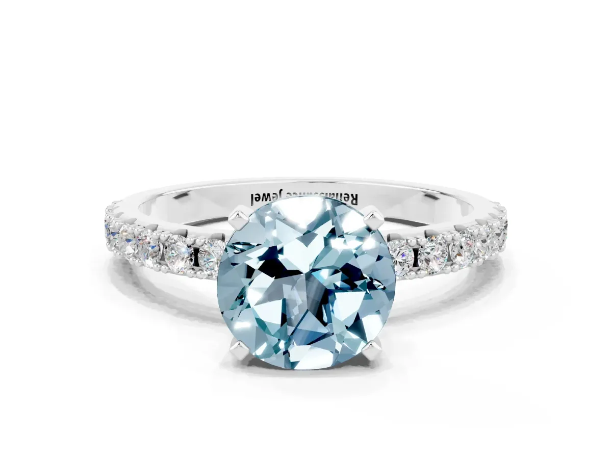 Round Cut Aquamarine Solitaire Pavé Band with Four-Prong Setting Silver