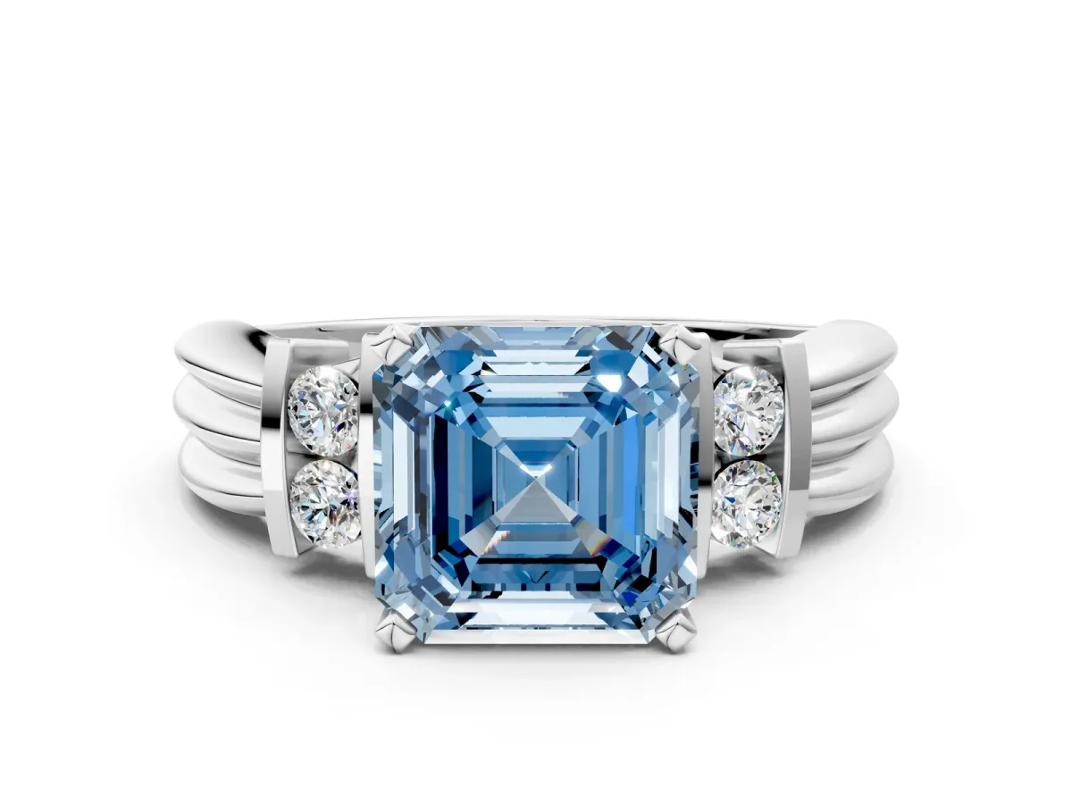 Fancy Blue Asscher Cut Cut Three-Stone Channel Set Ring with Bar Prongs Platinum