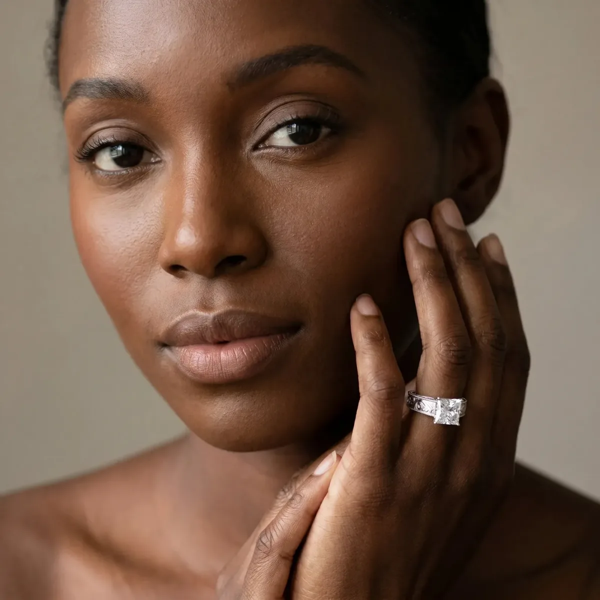 Princess Cut Diamond Solitaire Ring with Engraved Band and Four-Prong Setting White gold