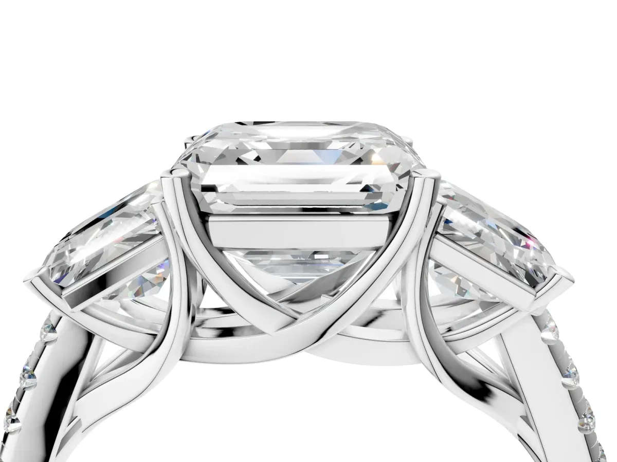 Three-Stone Asscher Cut Diamond Ring with Round Moissanite Pavé Band and Prong Setting Silver