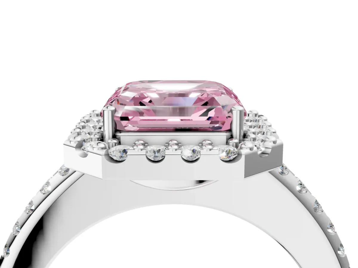 Fancy Pink Asscher Cut Diamond Pavé Halo Ring with Four-Prong Setting Platinum