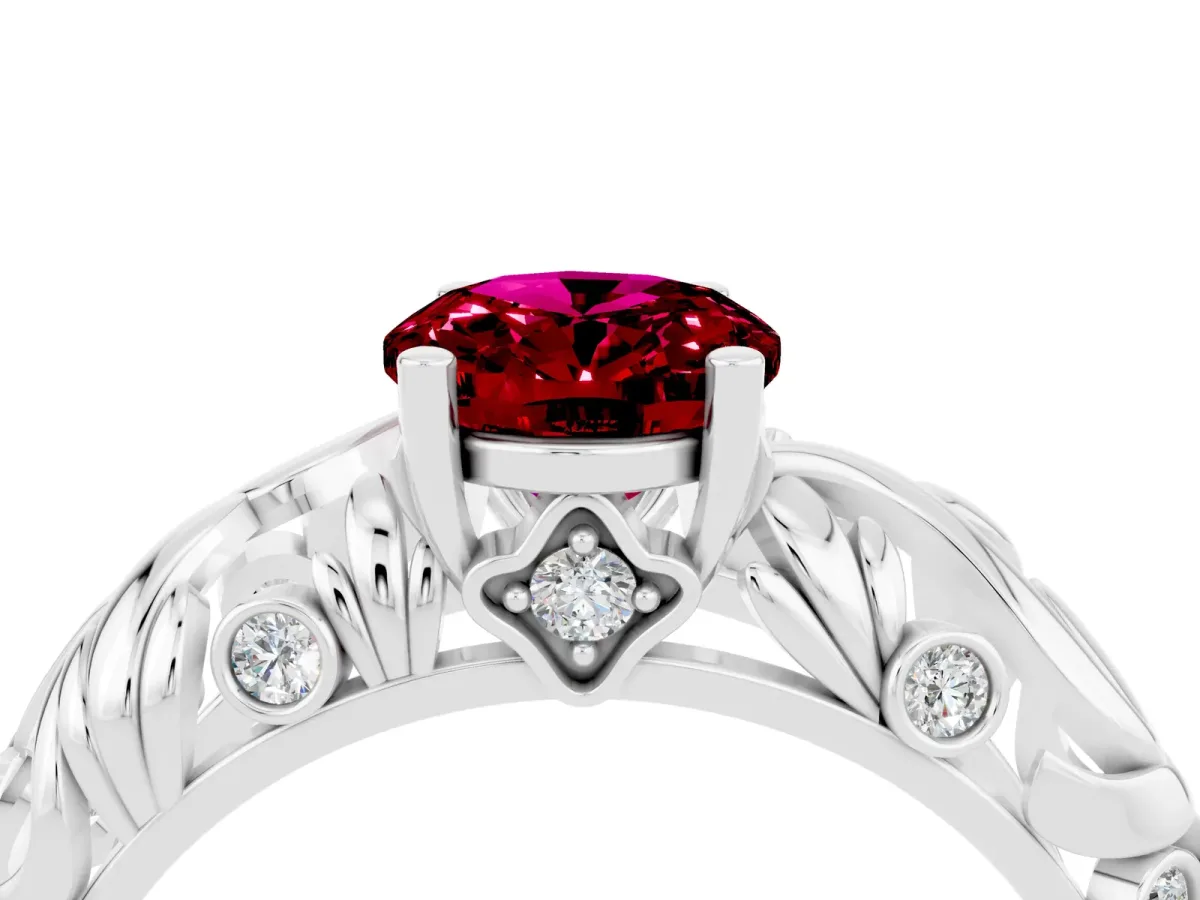 Oval Cut Solitaire Garnet Leaf-Inspired Vine Band Ring with Prong Setting White gold