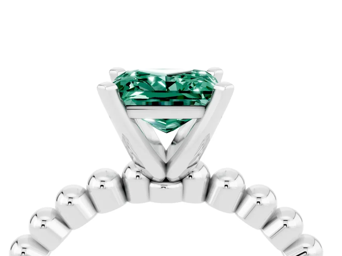 Princess Cut Green Sapphire Solitaire Ring with Beaded Band and Prong Setting Silver