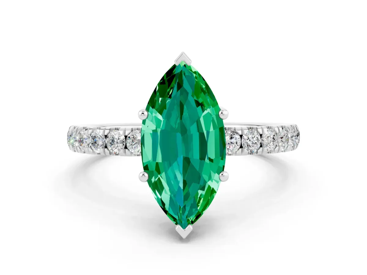 Marquise Cut Emerald Pave Band Solitaire Ring with Round and Prong Setting Platinum