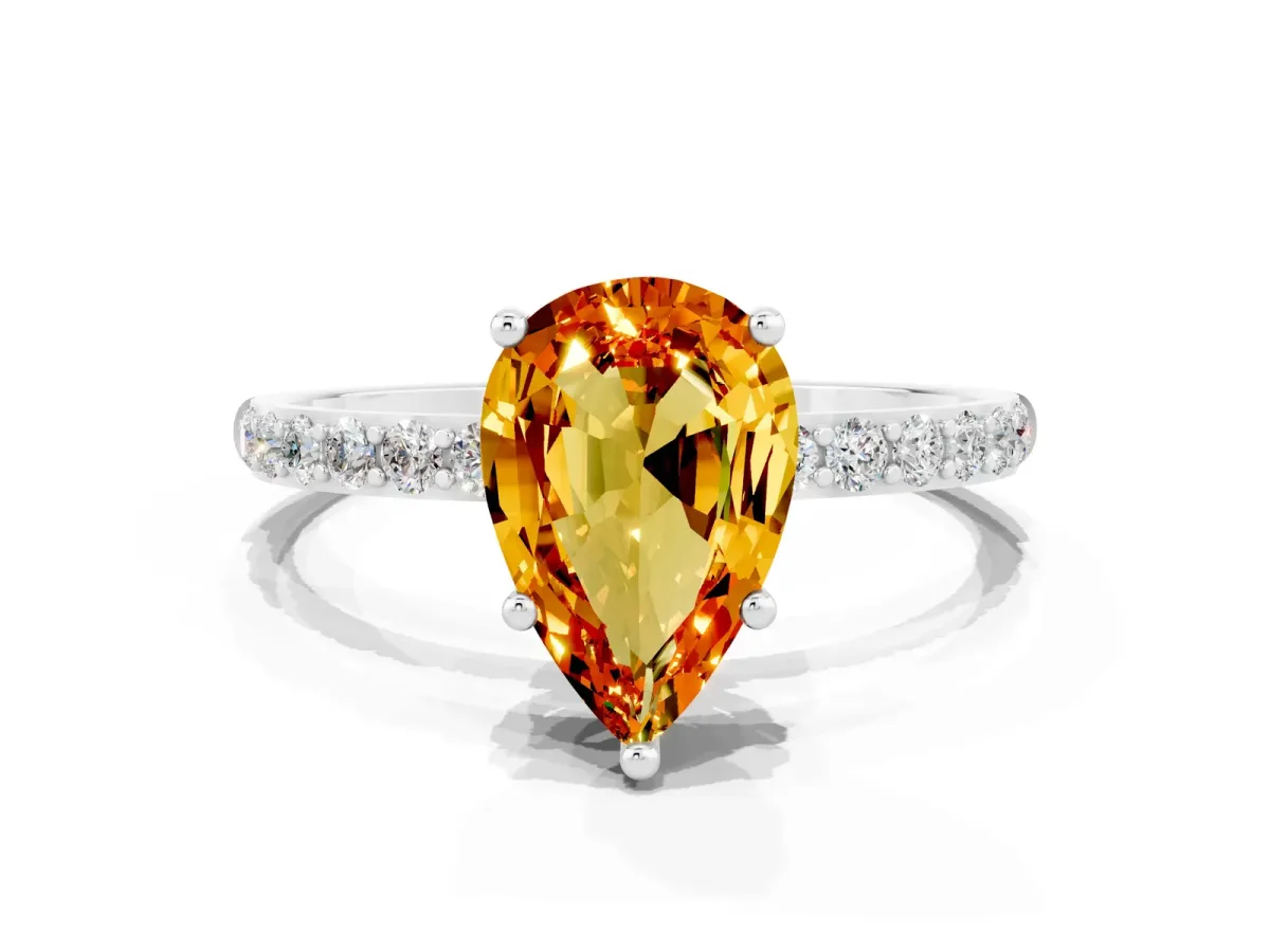 Pear Cut Citrine Solitaire Ring with Round Pavé Shoulders and Prong Setting White gold