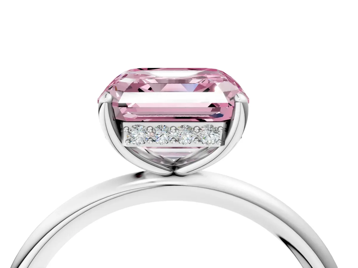 Fancy Pink Asscher Cut Solitaire Diamond Ring with a Classic Band and Four-Prong Setting Platinum