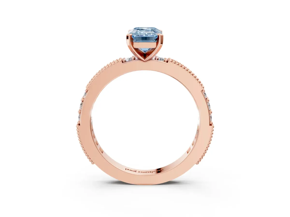 Fancy Blue Emerald Cut Solitaire with Pavé Band and Four-Prong Setting Rose gold