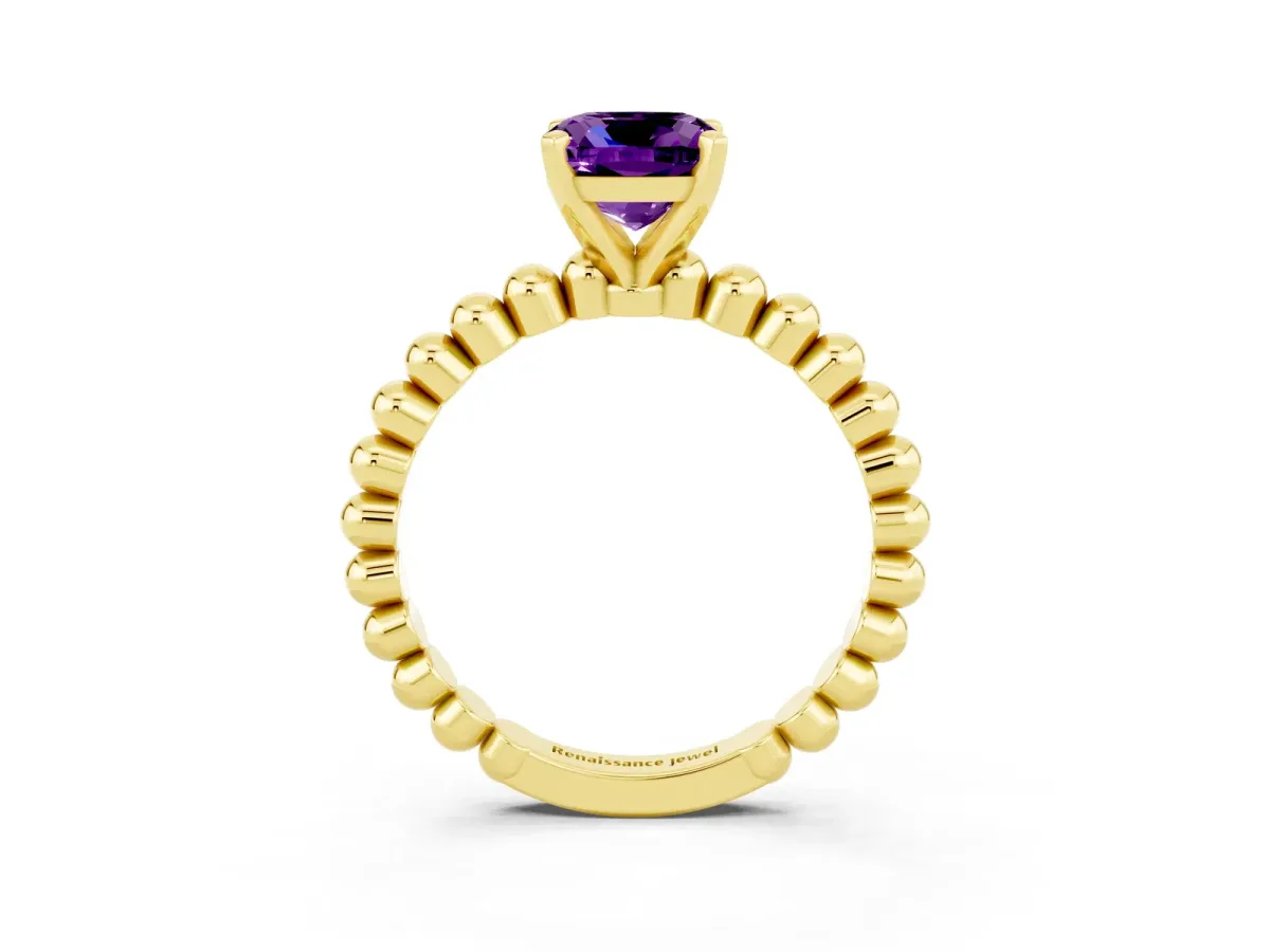 Cushion Cut Amethyst Solitaire Ring with Beaded Band and Prong Setting Yellow gold