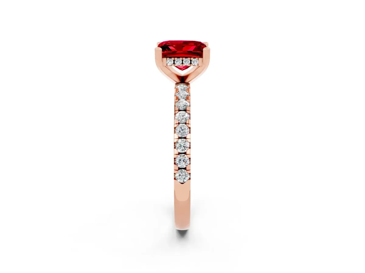 Princess Cut Ruby Solitaire Ring with Round Pavé Band and Four-Prong Setting Rose gold