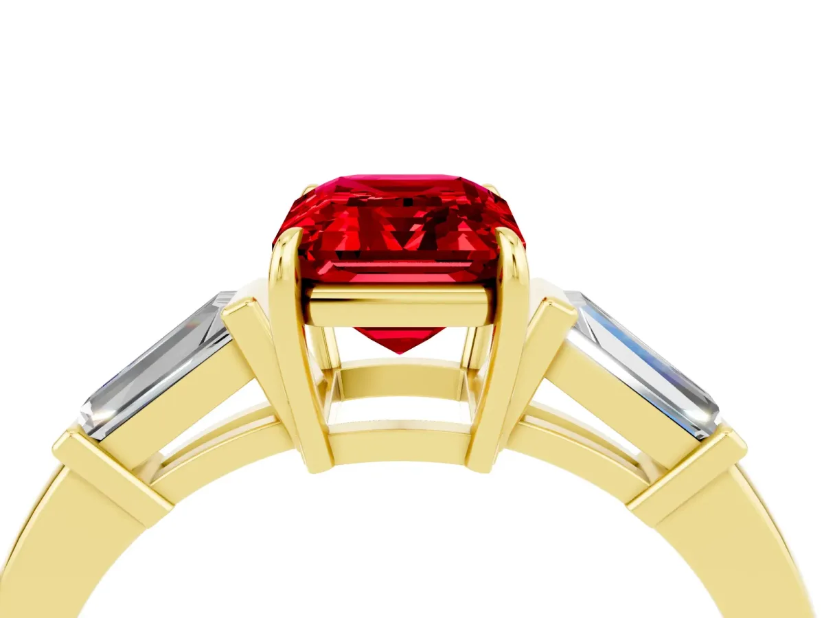 Emerald Cut Ruby Three-Stone Ring with Tapered Baguette Side Stones and Prong Setting Yellow gold