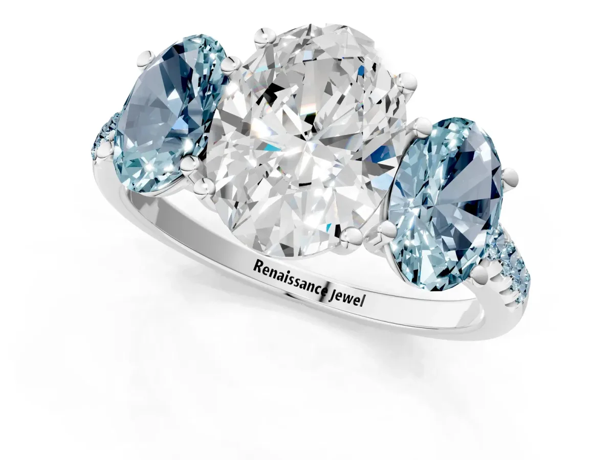 Three-Stone Oval Cut Diamond Ring with Round Aquamarine Pavé Band and Prong Setting Silver