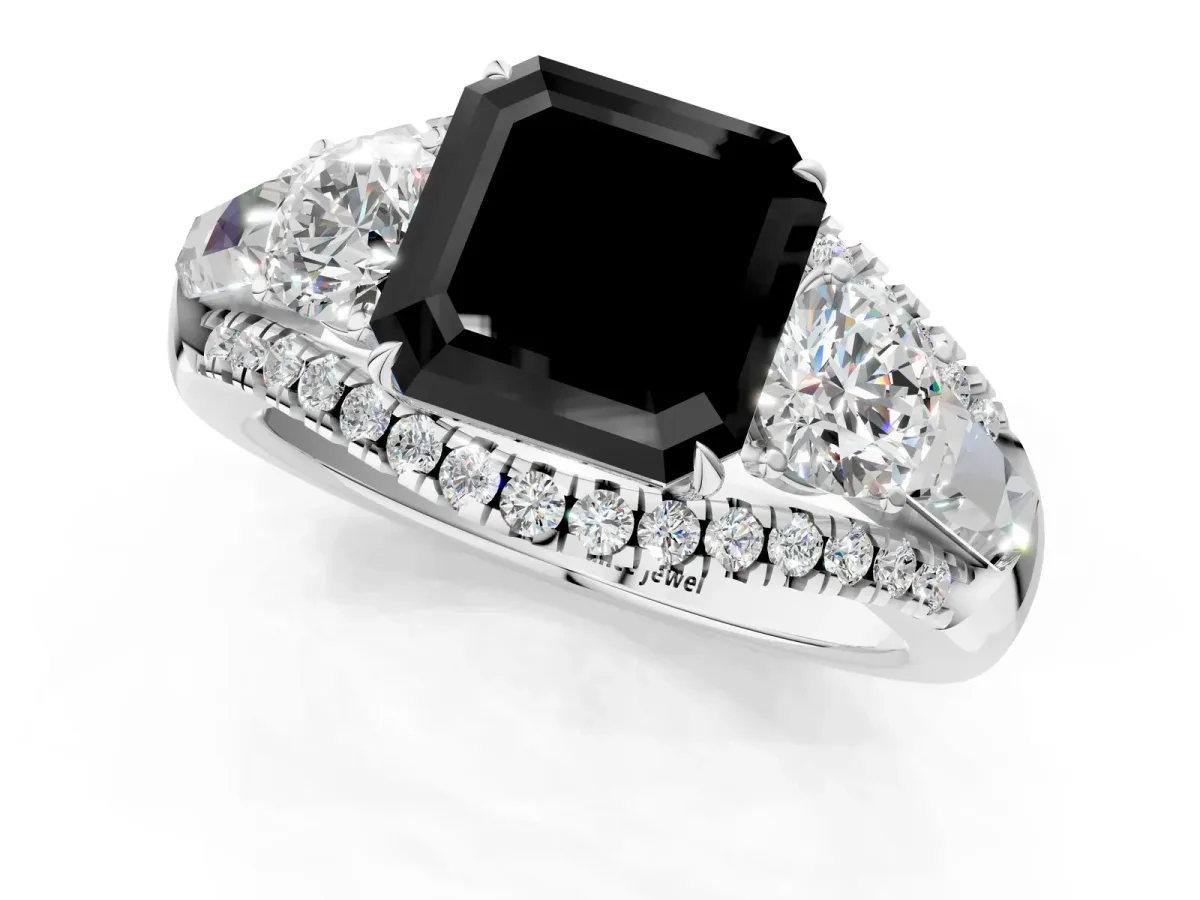 Fancy Black Three-Stone Asscher Cut Diamond Engagement Ring with Pave Band and Prong Setting Platinum