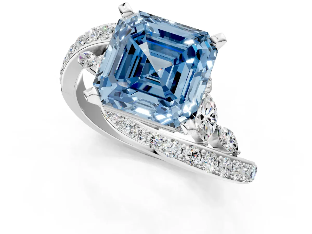 Fancy Blue Asscher Cut Solitaire with Pavé Twist Band and Four-Prong Setting Platinum
