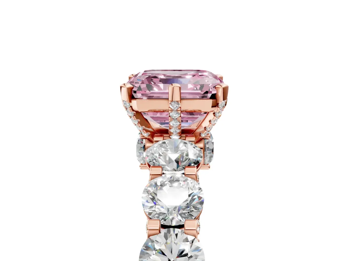Fancy Pink Asscher Cut Diamond Side Stone Engagement Ring with Four-Prong Setting Rose gold