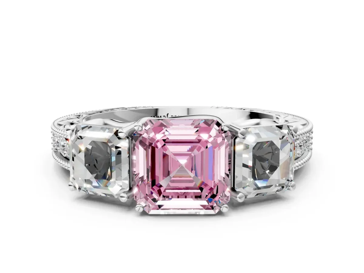 Fancy Pink Three-Stone Asscher Cut Cut Milgrain Pavé Engagement Ring Platinum