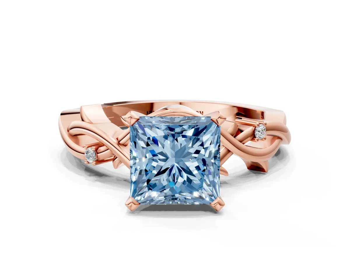Fancy Blue Princess Cut Diamond Solitaire Ring with Twisted Band and Prong Setting Rose gold