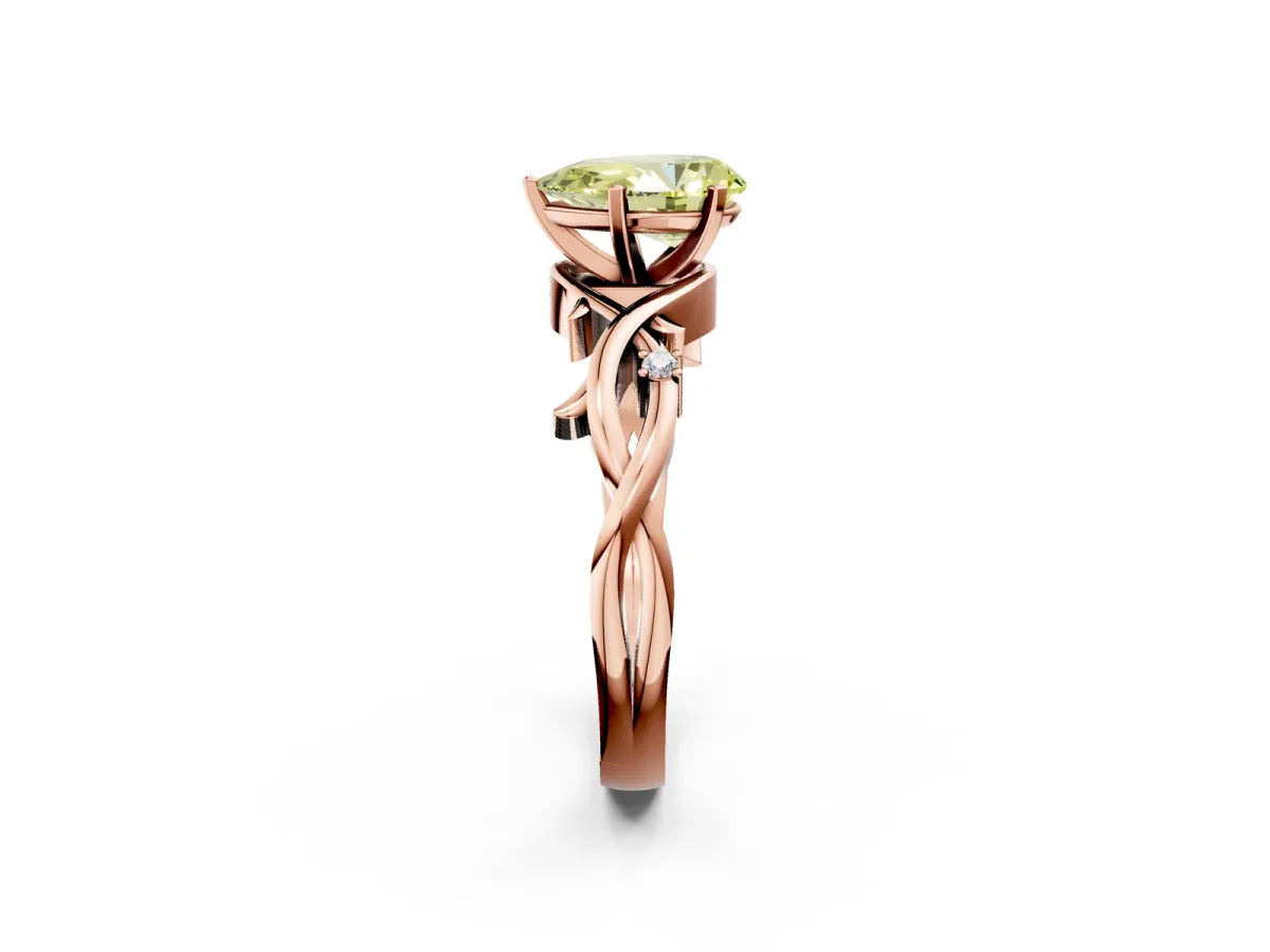 Fancy Yellow Pear Cut Diamond Solitaire Ring with Twisted Band and Prong Setting Rose gold