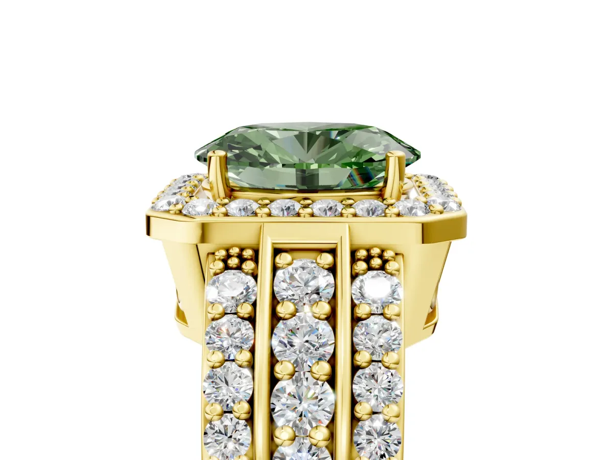 Fancy Green Oval Cut Halo Diamond Ring with Round Split Shank and Prong Setting Yellow gold