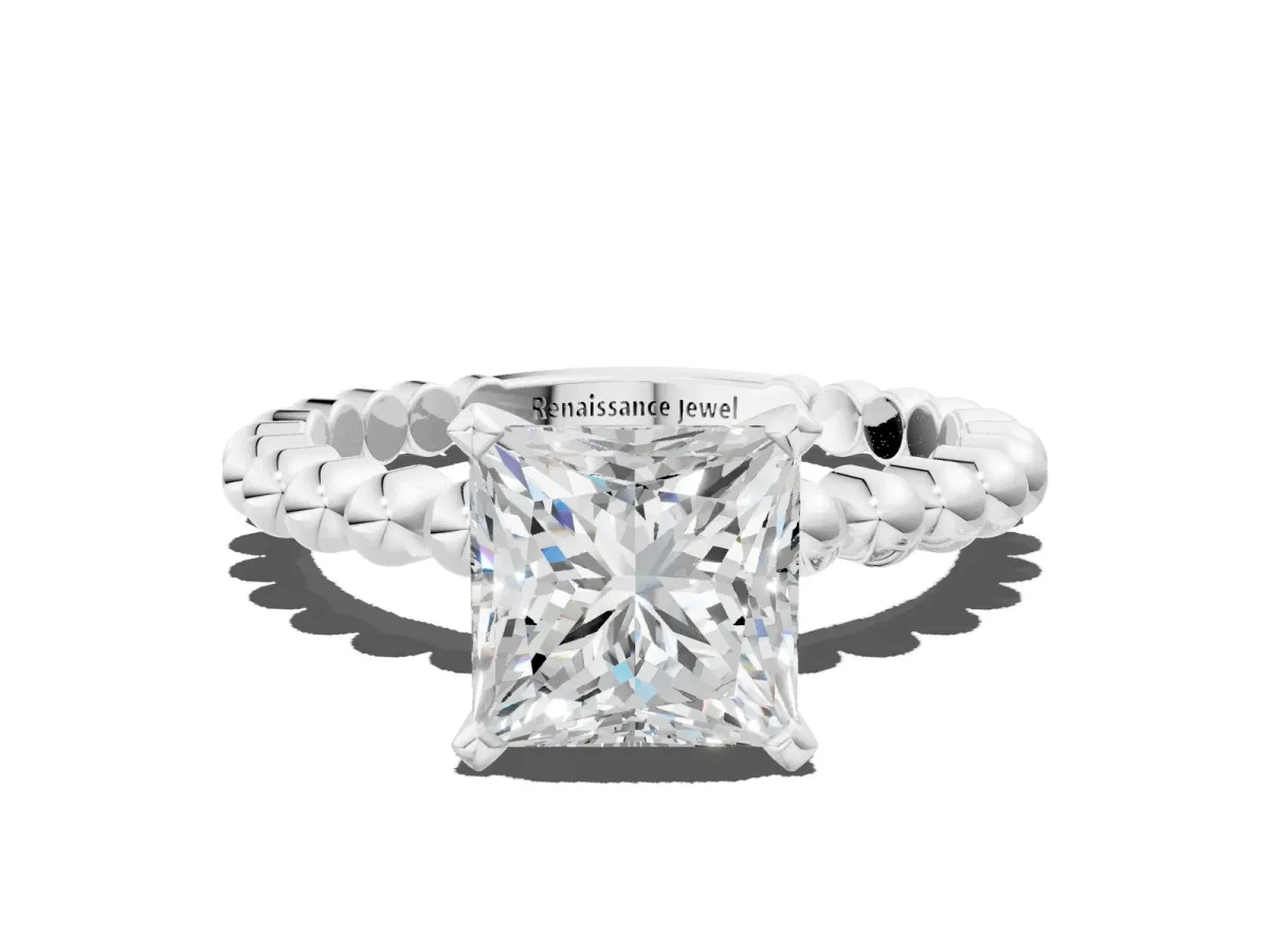 Princess Cut Diamond Solitaire Ring with Beaded Band and Prong Setting White gold