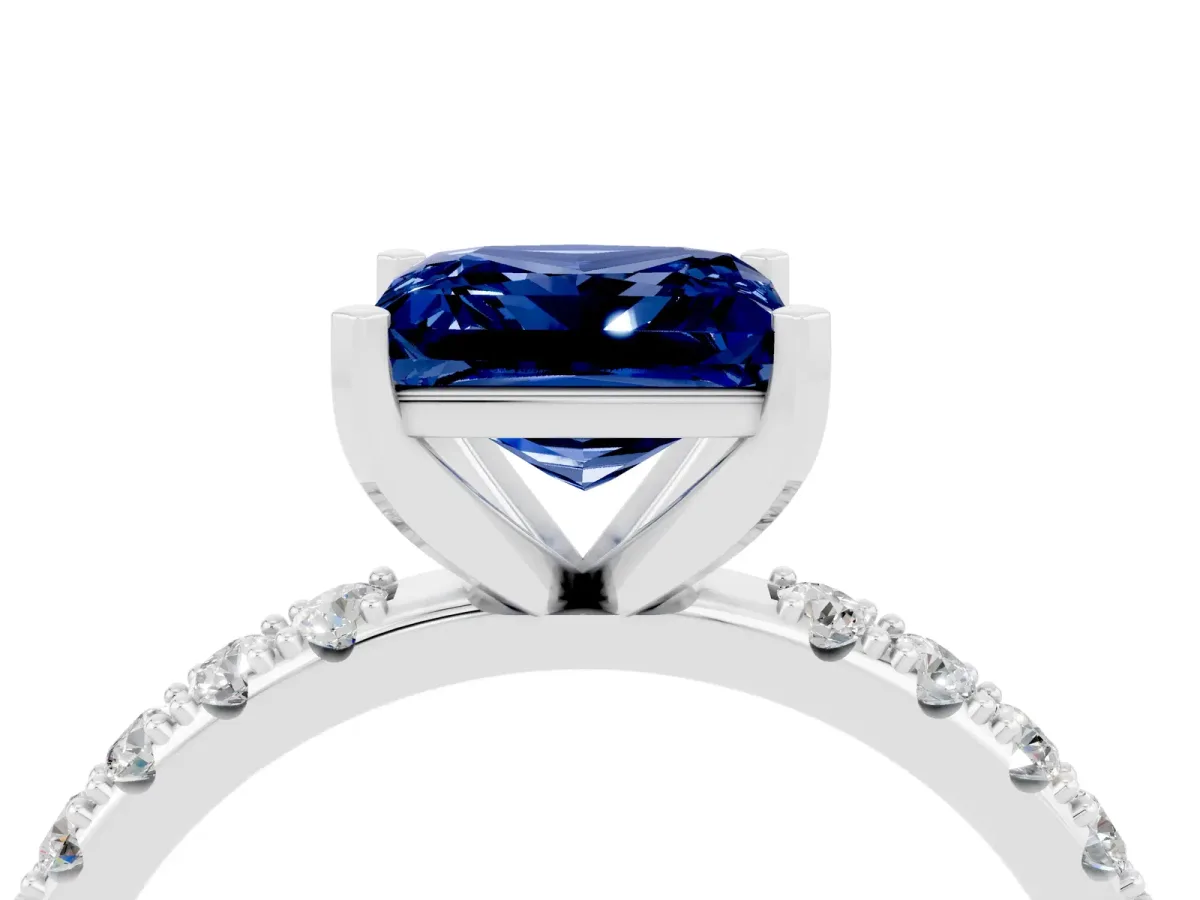 Princess Cut Blue Sapphire Solitaire Pavé Band with Four-Prong Setting Silver