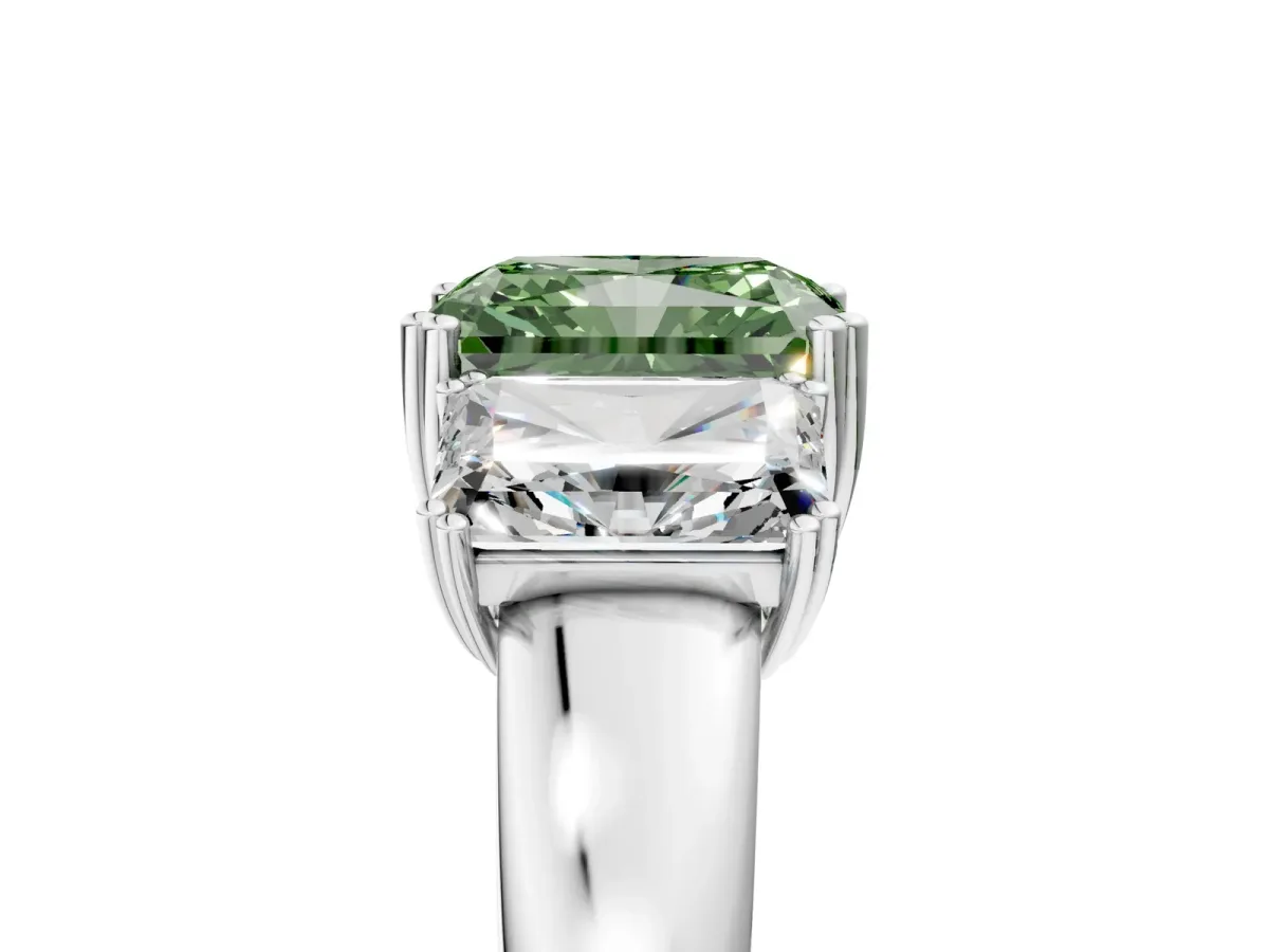 Fancy Green Three-Stone Radiant Cut Cut Diamond Ring with Channel Set Band and Four-Prong Setting Silver