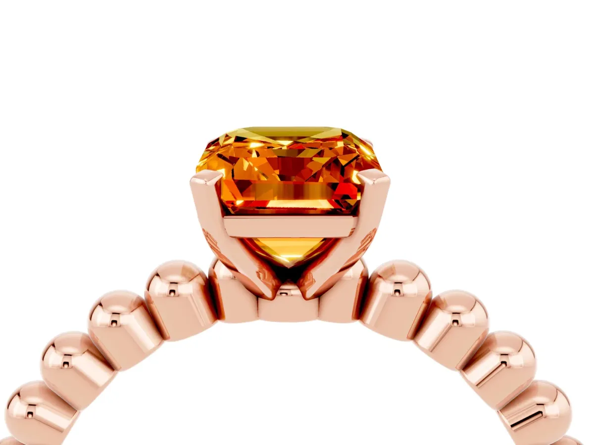 Emerald Cut Citrine Solitaire Ring with Beaded Band and Prong Setting Rose gold