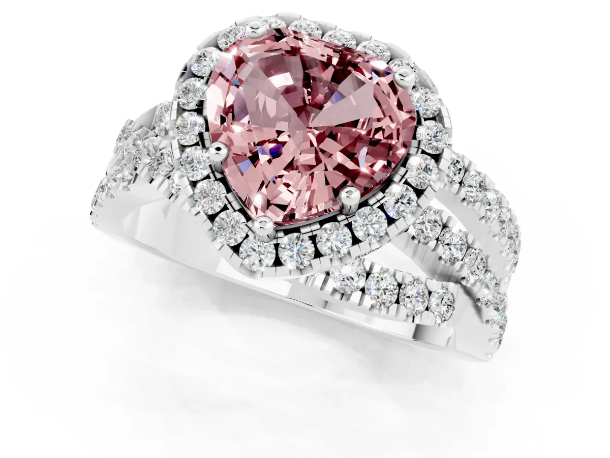 Heart Cut Morganite Halo Ring with Round Split Shank and Prong Setting Platinum