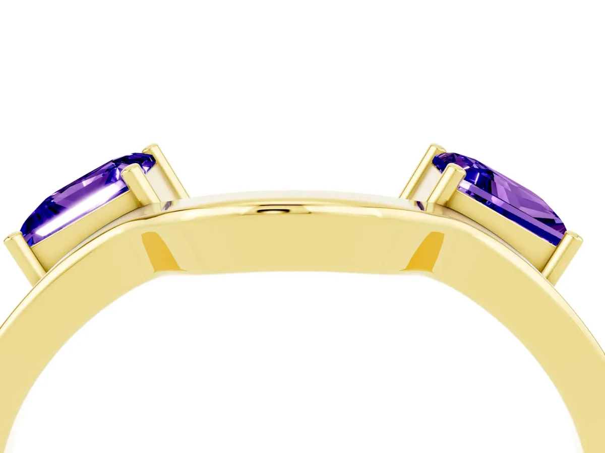 Princess Cut Tanzanite Two-Stone Open Band Ring with Four-Prong Setting Yellow gold