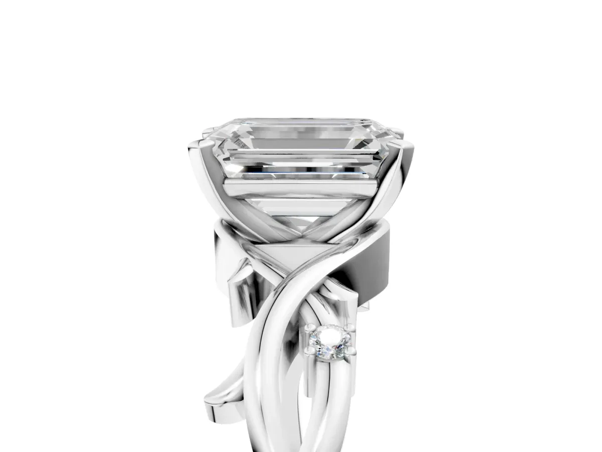 Emerald Cut Diamond Solitaire Ring with Twisted Band and Prong Setting Silver