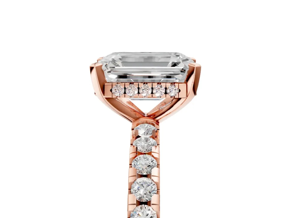 Emerald Cut Diamond Solitaire Ring with Round Pavé Band and Four-Prong Setting Rose gold