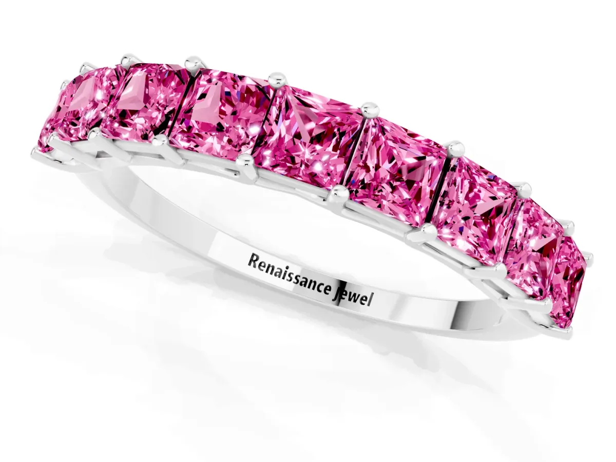 Princess Cut Pink Sapphire Channel-Set Eternity Band with Prong Setting Silver