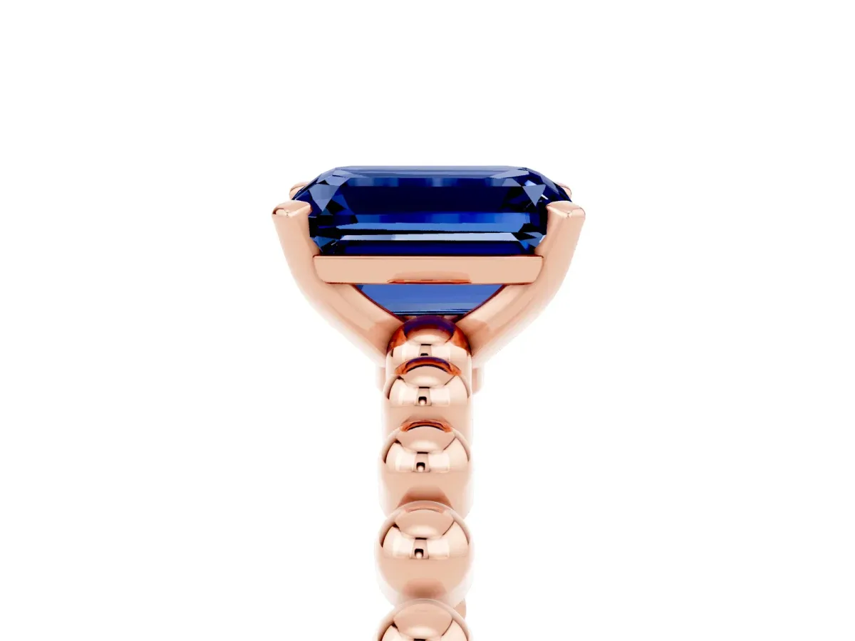 Emerald Cut Blue Sapphire Solitaire Ring with Beaded Band and Prong Setting Rose gold